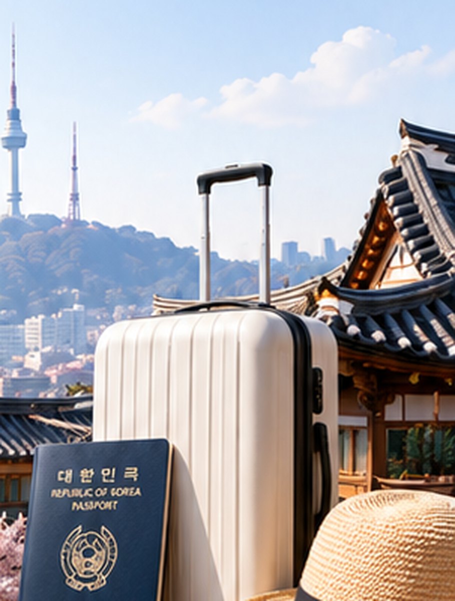 Packed suitcase and Korean passport in front of a hanok with Namsan Tower behind