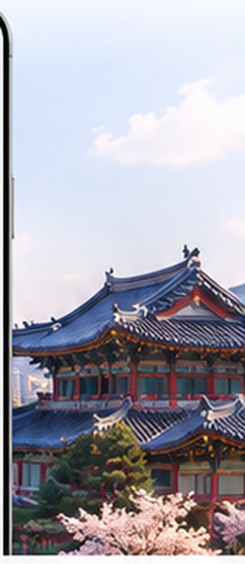 Seoul skyline with a traditional hanok roof and cherry blossom in spring