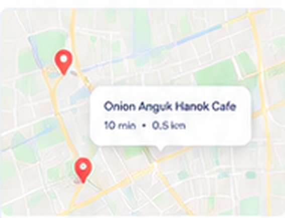 Map view showing a saved cafe location in Seoul with walking distance